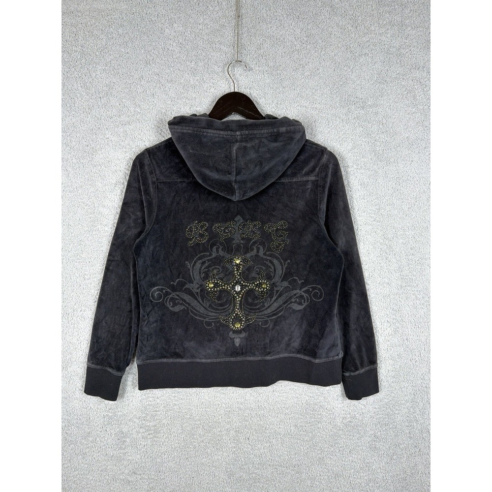 BCBG Max Azria Womens Size Small Black Velour Hoodie Rhinestone Cross Full Zip